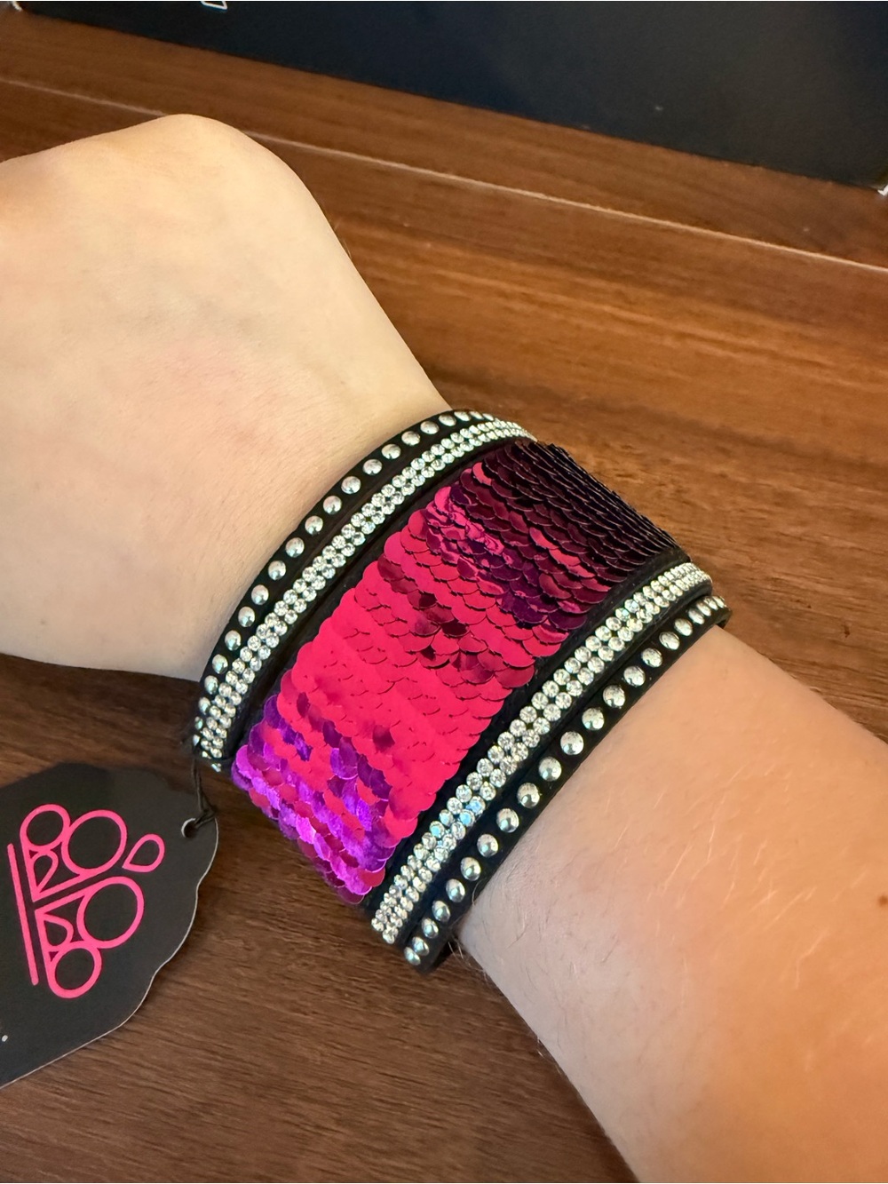 Sequin Wrap Bracelet with Rhinestone Accents - Pink & Black